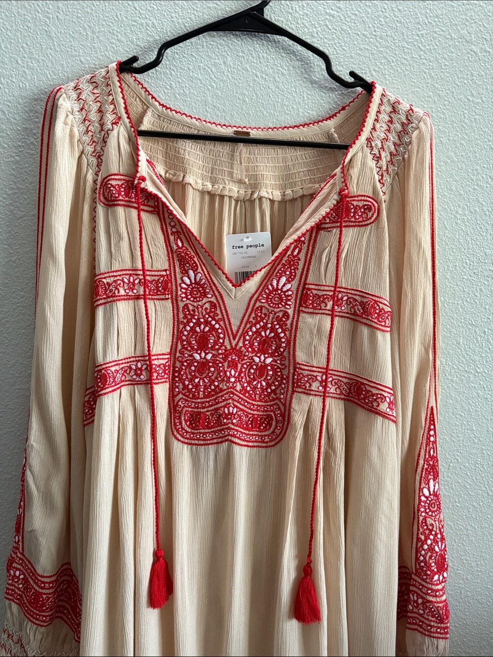 Free People Dress Large Wind Willow Mini Cream Red Embroidered Y2K Boho Hippie - Picture 4 of 13